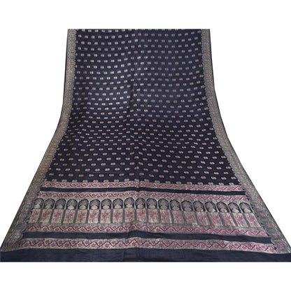 Sanskriti Vintage Dark Blue Sarees Pure Satin Woven Brocade/Banarasi Sari Fabric