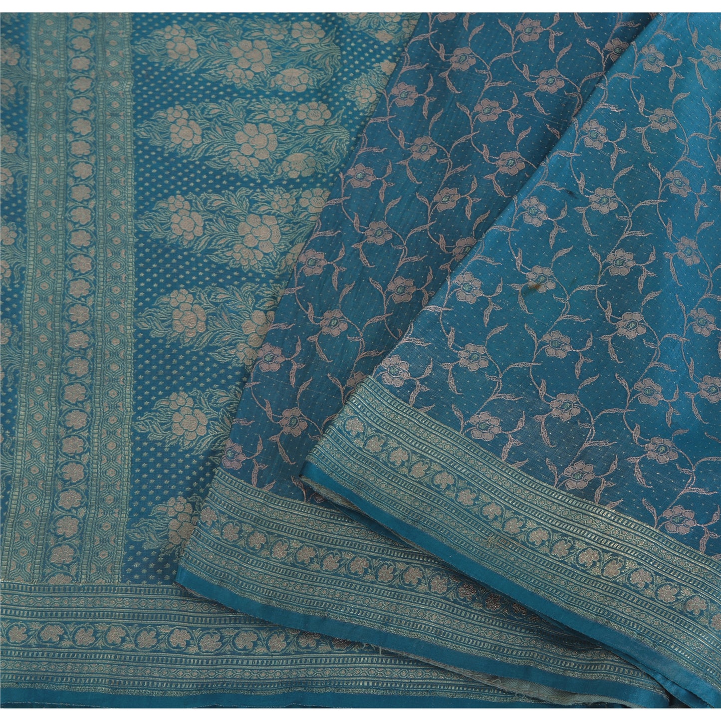 Sanskriti Vintage Blue Sarees Pure Satin Silk Brocade/Banarasi Woven Sari Fabric