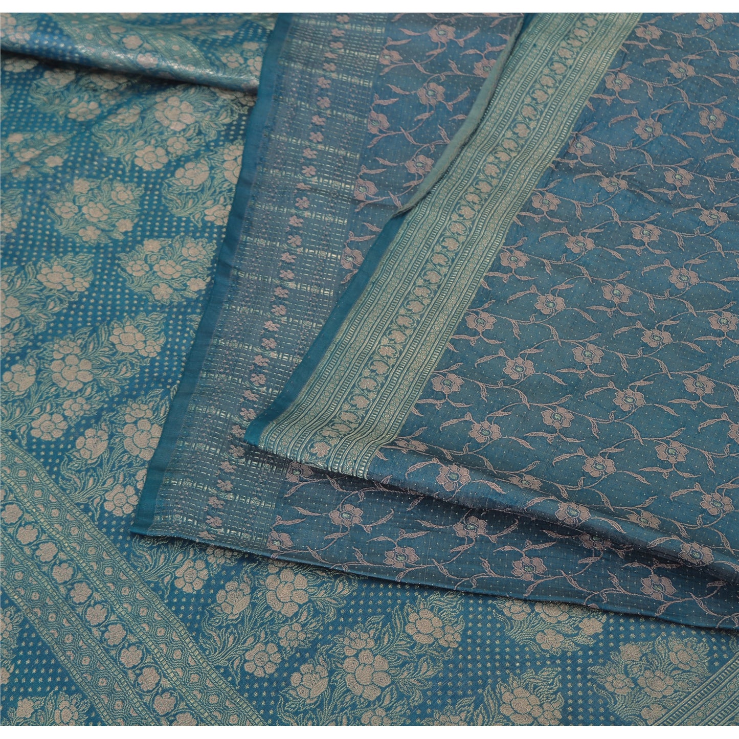 Sanskriti Vintage Blue Sarees Pure Satin Silk Brocade/Banarasi Woven Sari Fabric