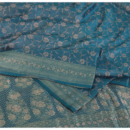 Sanskriti Vintage Blue Sarees Pure Satin Silk Brocade/Banarasi Woven Sari Fabric