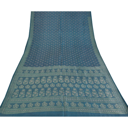 Sanskriti Vintage Blue Sarees Pure Satin Silk Brocade/Banarasi Woven Sari Fabric