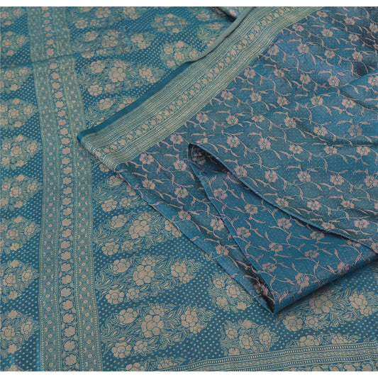 Sanskriti Vintage Blue Sarees Pure Satin Silk Brocade/Banarasi Woven Sari Fabric