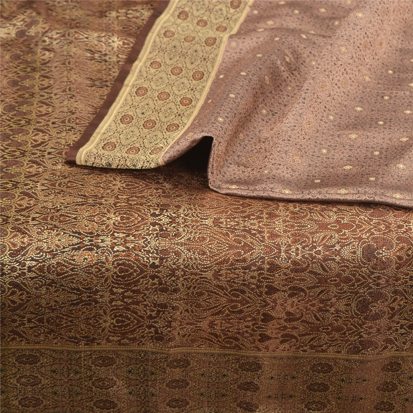 Sanskriti Vintage Brown Indian Sarees Pure Satin Silk Woven Sari Premium Fabric