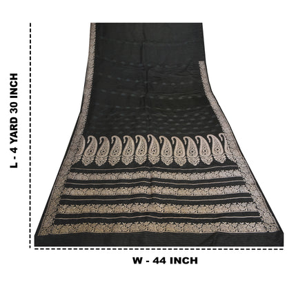 Sanskriti Vintage Black Sarees Pure Satin Silk Hand Woven Brocade Sari 5ydFabric