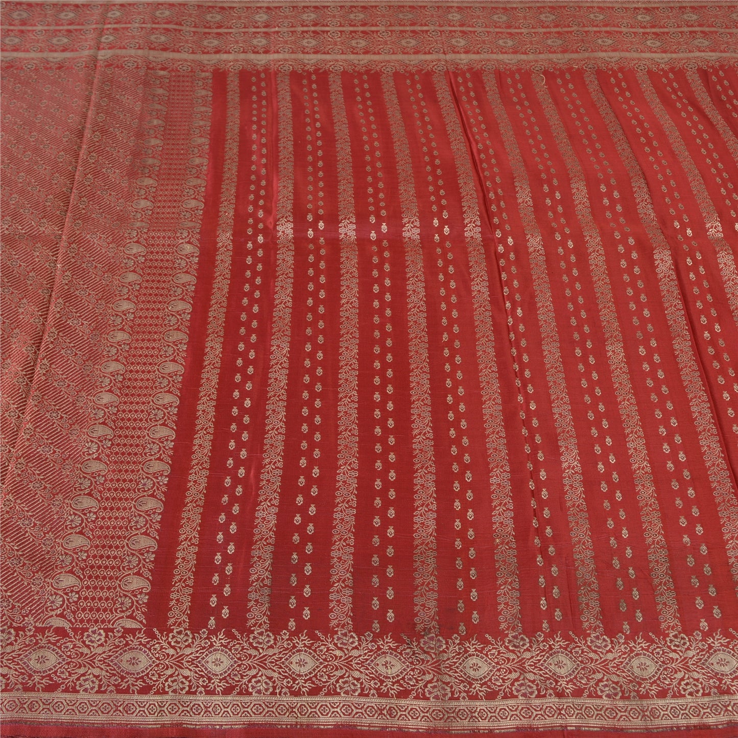 Sanskriti Vintage Sarees Red Brocade/Banarasi Zari Woven Pure Satin Sari Fabric