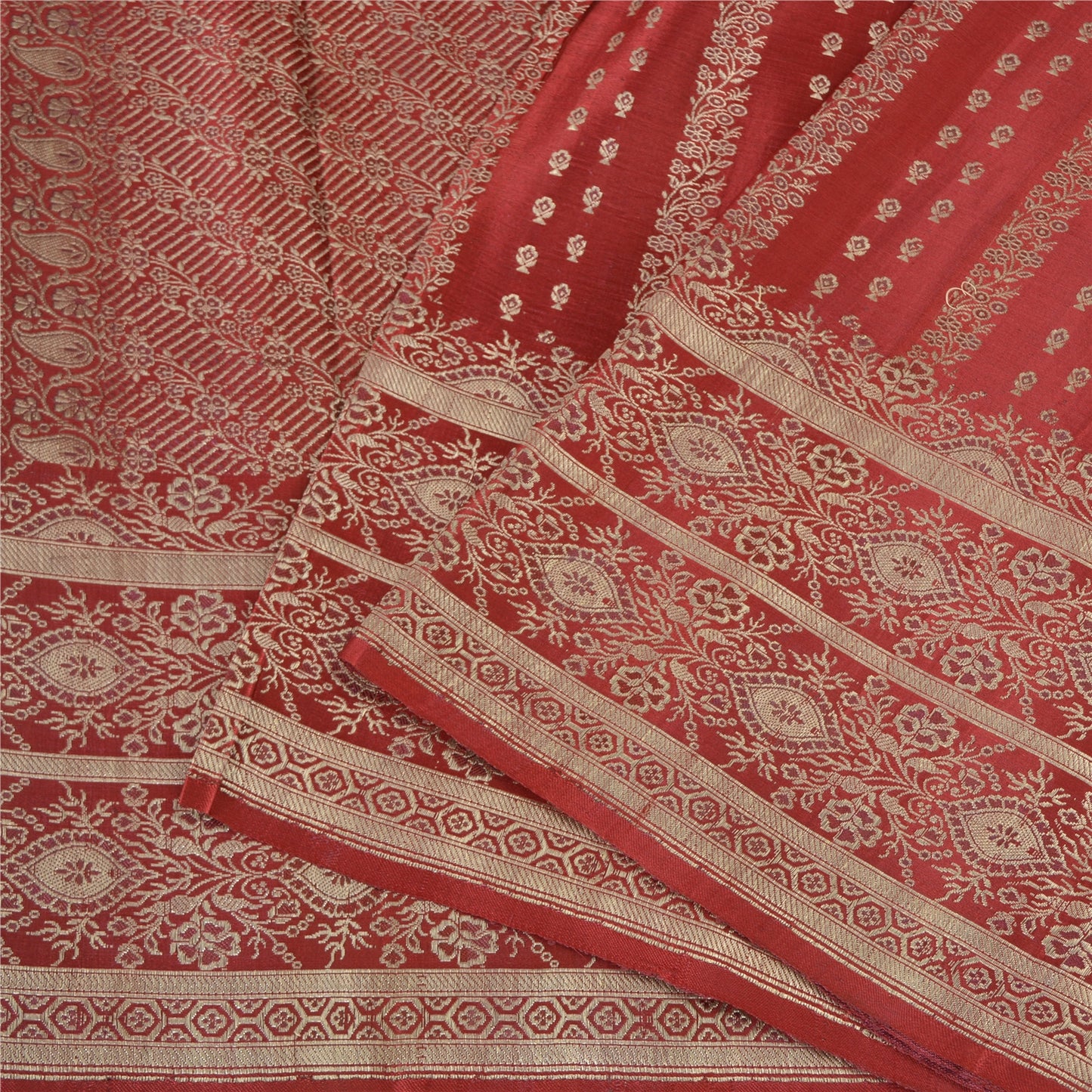 Sanskriti Vintage Sarees Red Brocade/Banarasi Zari Woven Pure Satin Sari Fabric