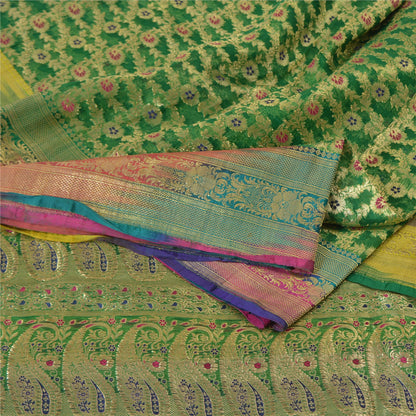 Sanskriti Vintage Sarees Green Brocade/Banarasi Zari Woven Pure Silk Sari Fabric