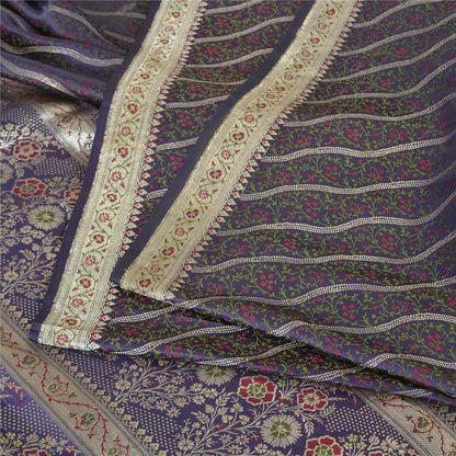 Sanskriti Vintage Sarees Blue Brocade/Banarasi Zari Woven Pure Satin Sari Fabric