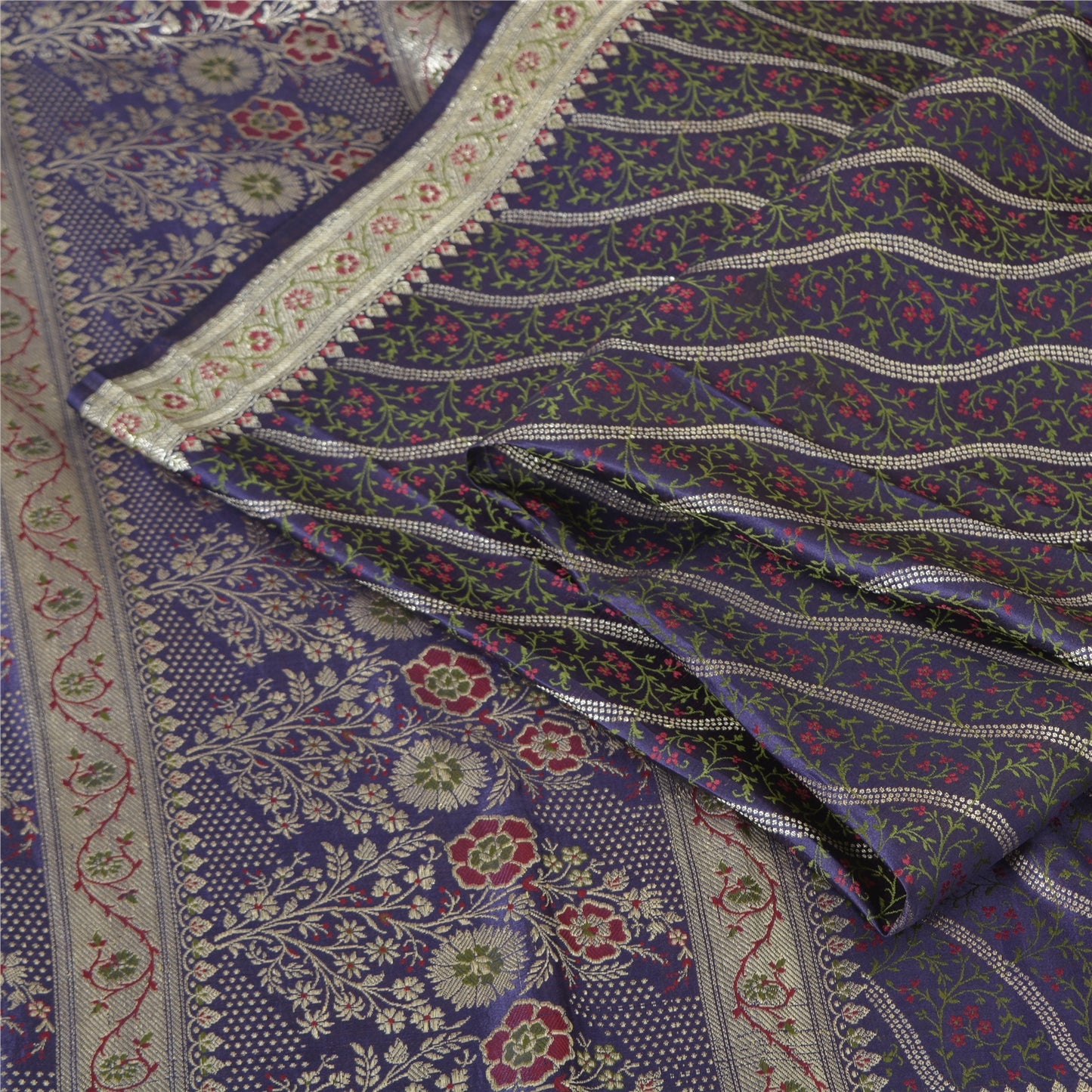 Sanskriti Vintage Sarees Blue Brocade/Banarasi Zari Woven Pure Satin Sari Fabric