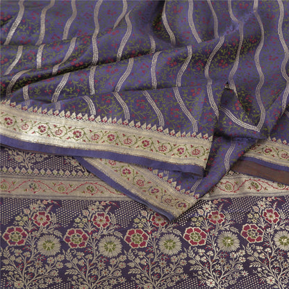 Sanskriti Vintage Sarees Blue Brocade/Banarasi Zari Woven Pure Satin Sari Fabric