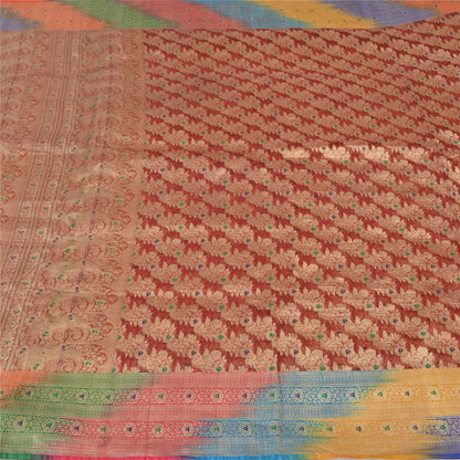 Sanskriti Vintage Sarees Red Brocade/Banarasi Zari Woven Pure Satin Sari Fabric