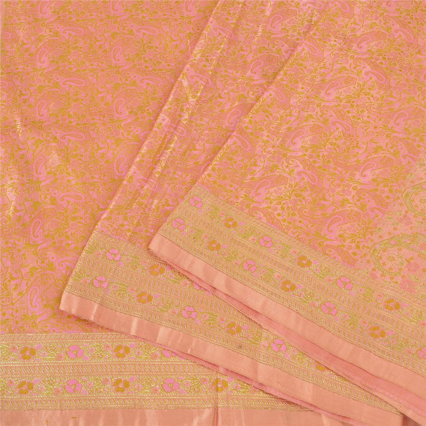 Sanskriti Vintage Sarees Peach Brocade/Banarasi ZariWoven Pure Satin Sari Fabric