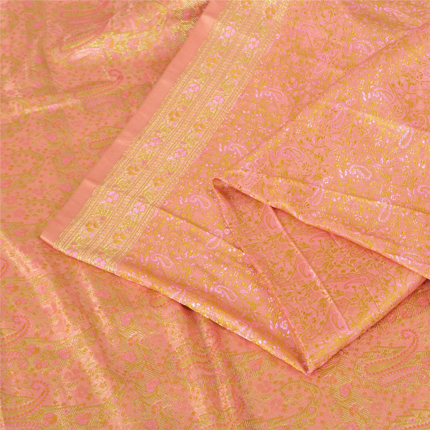 Sanskriti Vintage Sarees Peach Brocade/Banarasi ZariWoven Pure Satin Sari Fabric