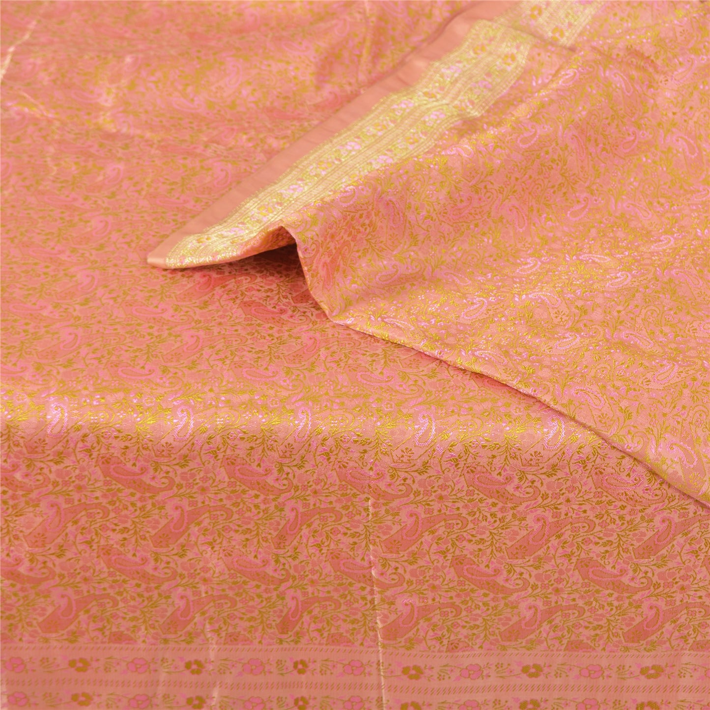 Sanskriti Vintage Sarees Peach Brocade/Banarasi ZariWoven Pure Satin Sari Fabric