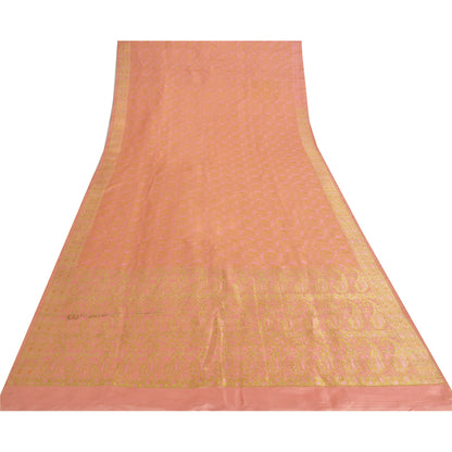 Sanskriti Vintage Sarees Peach Brocade/Banarasi ZariWoven Pure Satin Sari Fabric