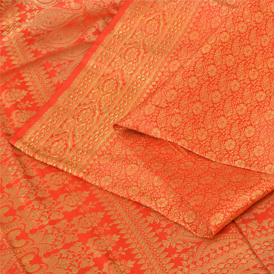 Sanskriti Vintage Sarees Orange Brocade/Banarasi ZariWoven PureSatin Sari Fabric