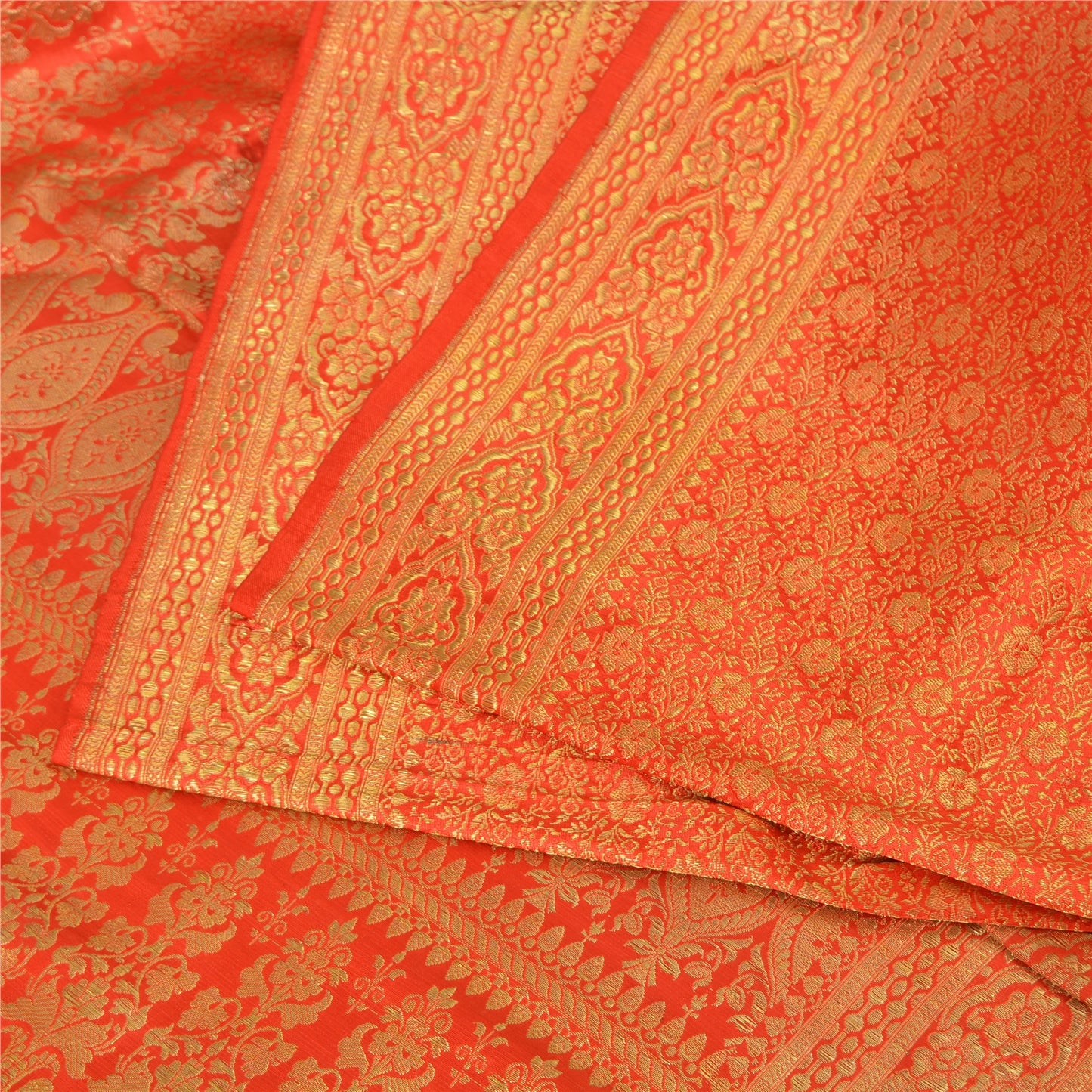 Sanskriti Vintage Sarees Orange Brocade/Banarasi ZariWoven PureSatin Sari Fabric