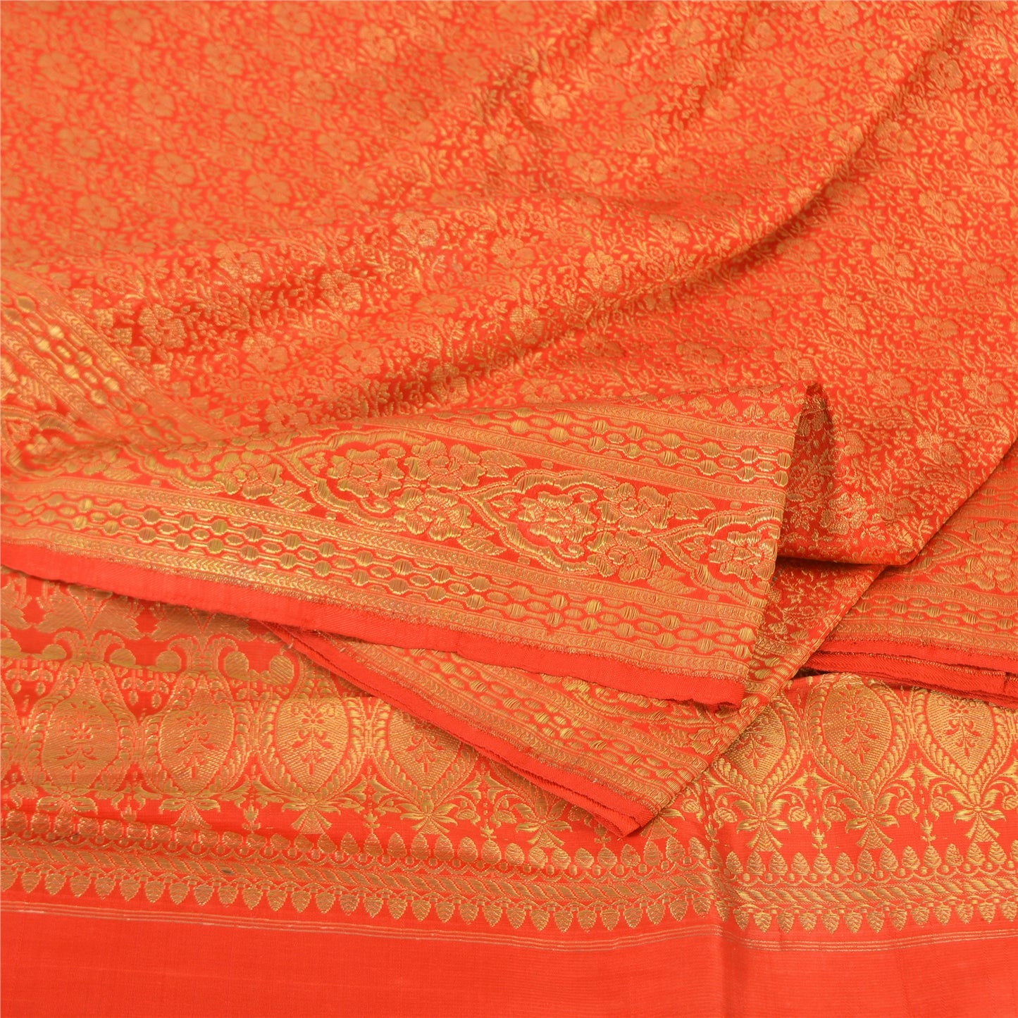 Sanskriti Vintage Sarees Orange Brocade/Banarasi ZariWoven PureSatin Sari Fabric