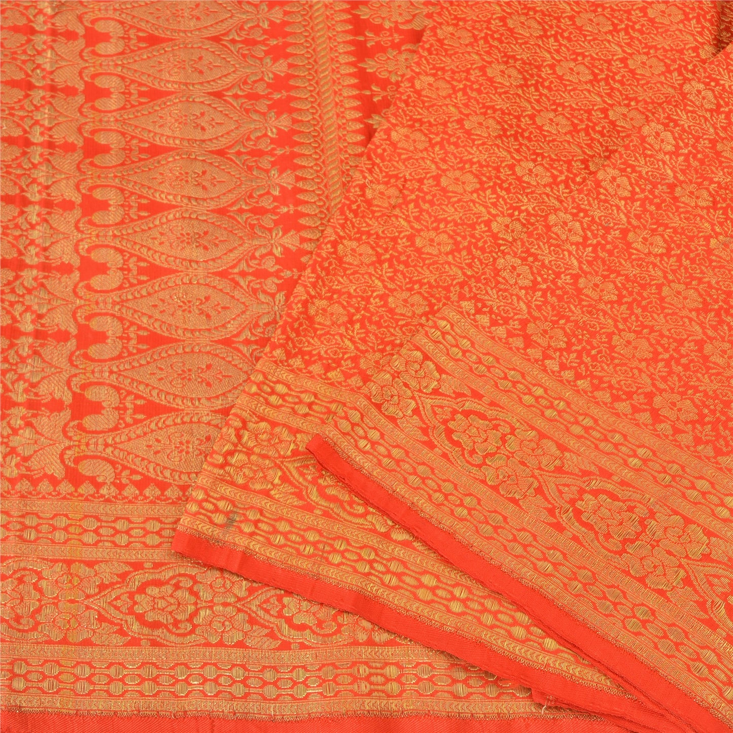 Sanskriti Vintage Sarees Orange Brocade/Banarasi ZariWoven PureSatin Sari Fabric