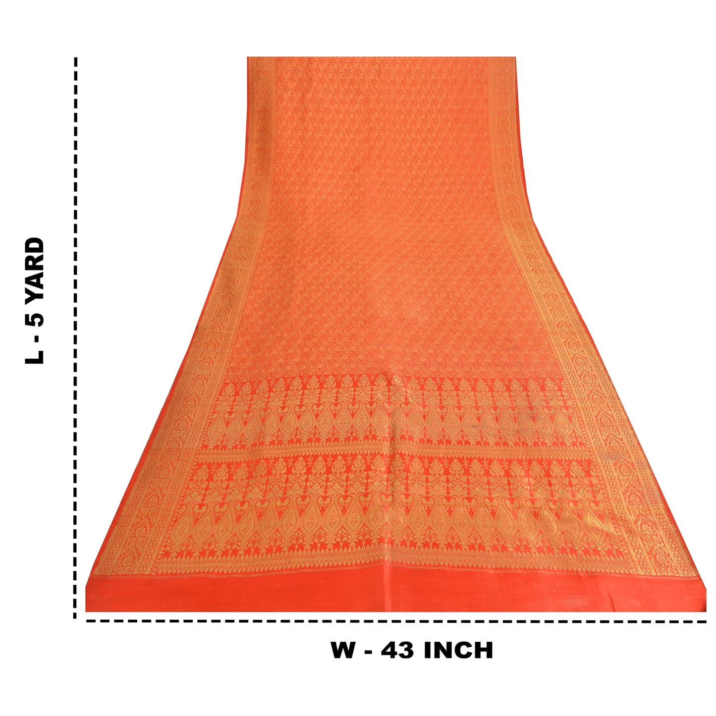 Sanskriti Vintage Sarees Orange Brocade/Banarasi ZariWoven PureSatin Sari Fabric