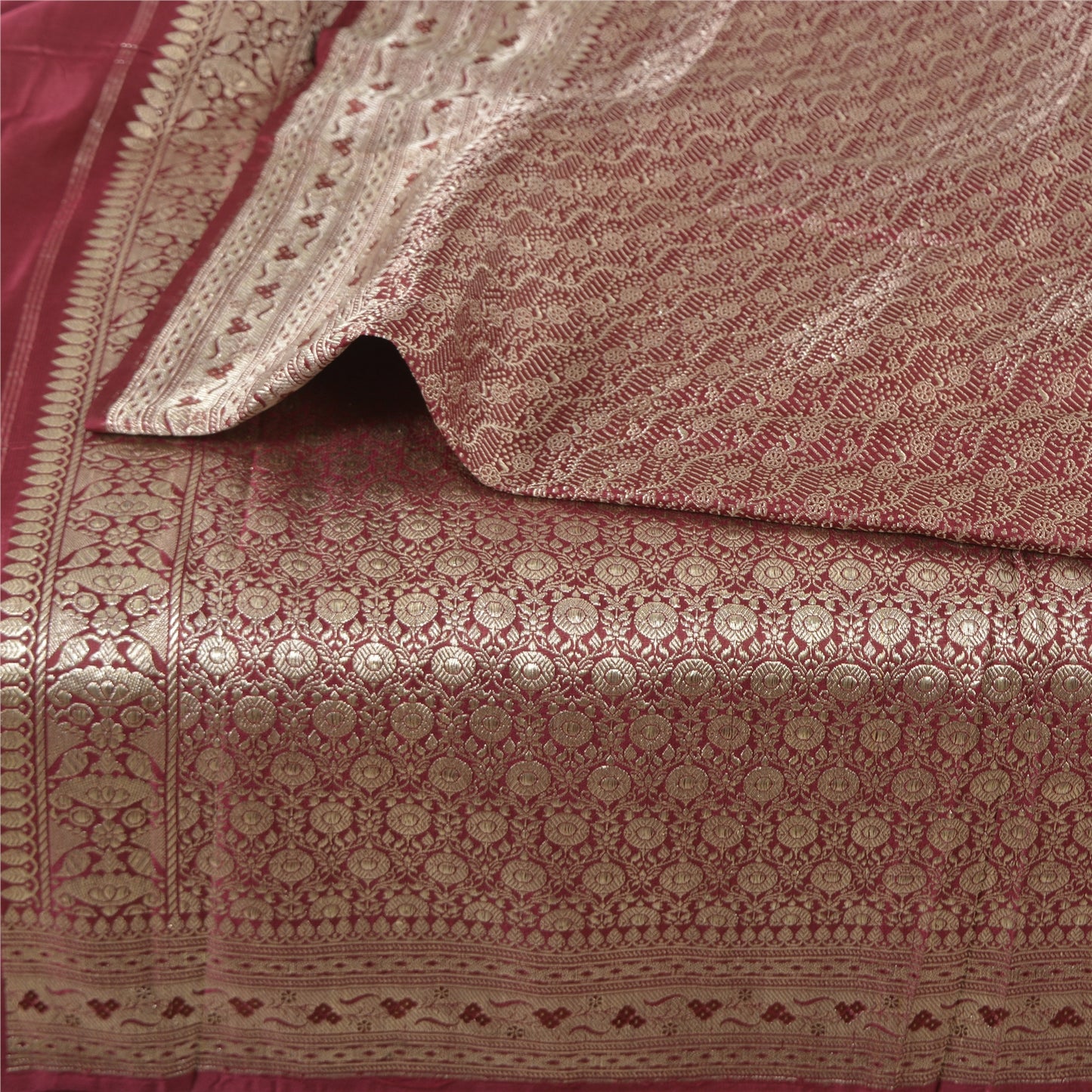 Sanskriti Vintage Sarees Red Brocade/Banarasi Zari Woven Pure Satin Sari Fabric