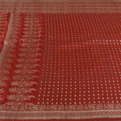 Sanskriti Vintage Sarees Red Brocade/Banarasi Zari Woven Pure Satin Sari Fabric