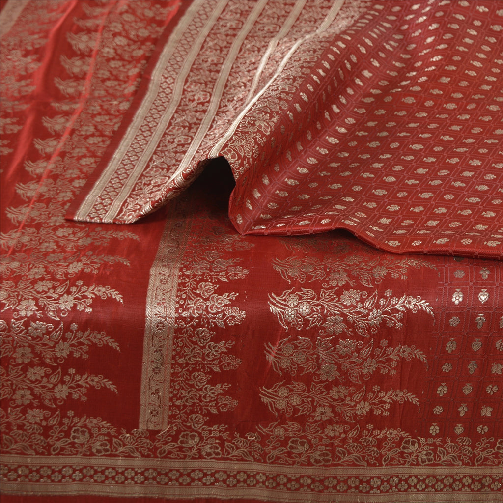 Sanskriti Vintage Sarees Red Brocade/Banarasi Zari Woven Pure Satin Sari Fabric