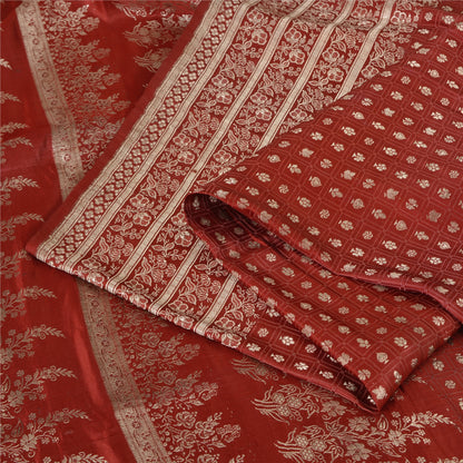 Sanskriti Vintage Sarees Red Brocade/Banarasi Zari Woven Pure Satin Sari Fabric