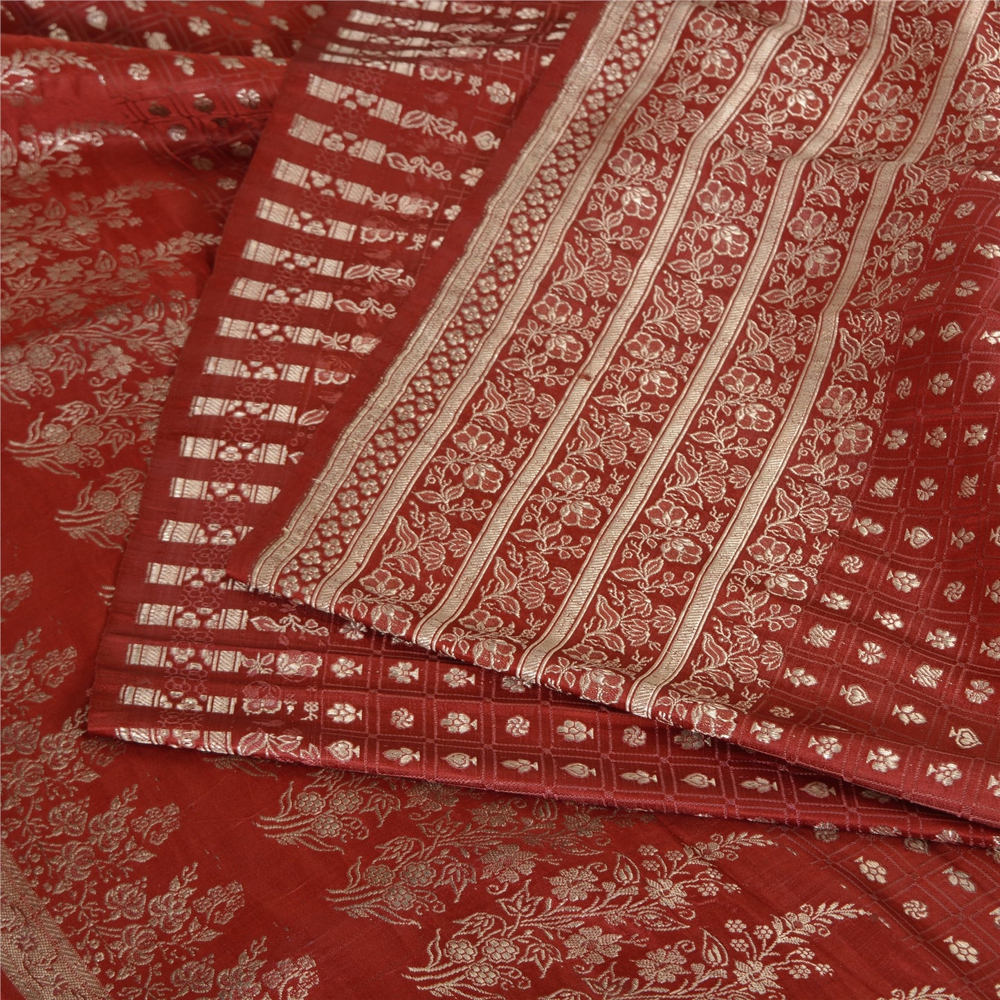 Sanskriti Vintage Sarees Red Brocade/Banarasi Zari Woven Pure Satin Sari Fabric