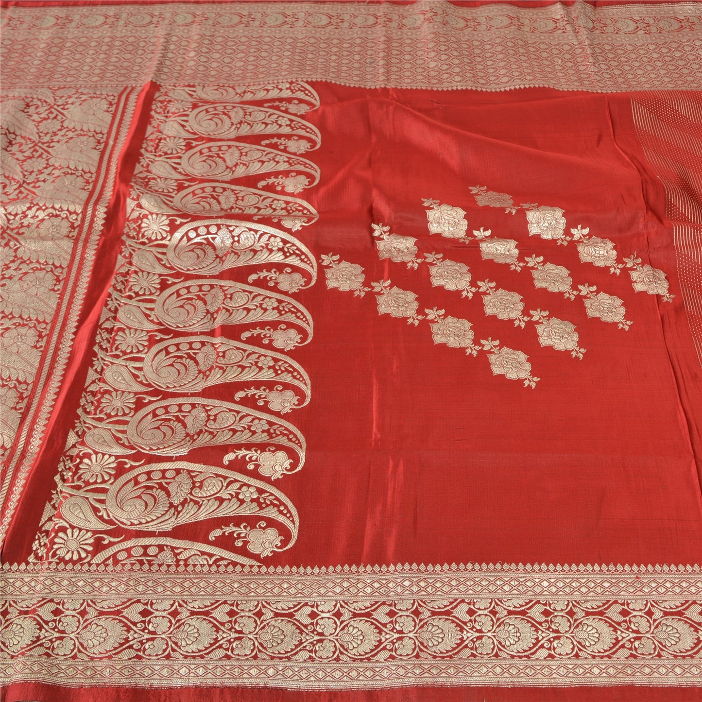 Sanskriti Vintage Sarees Red Brocade/Banarasi Zari Woven Pure Silk Sari Fabric