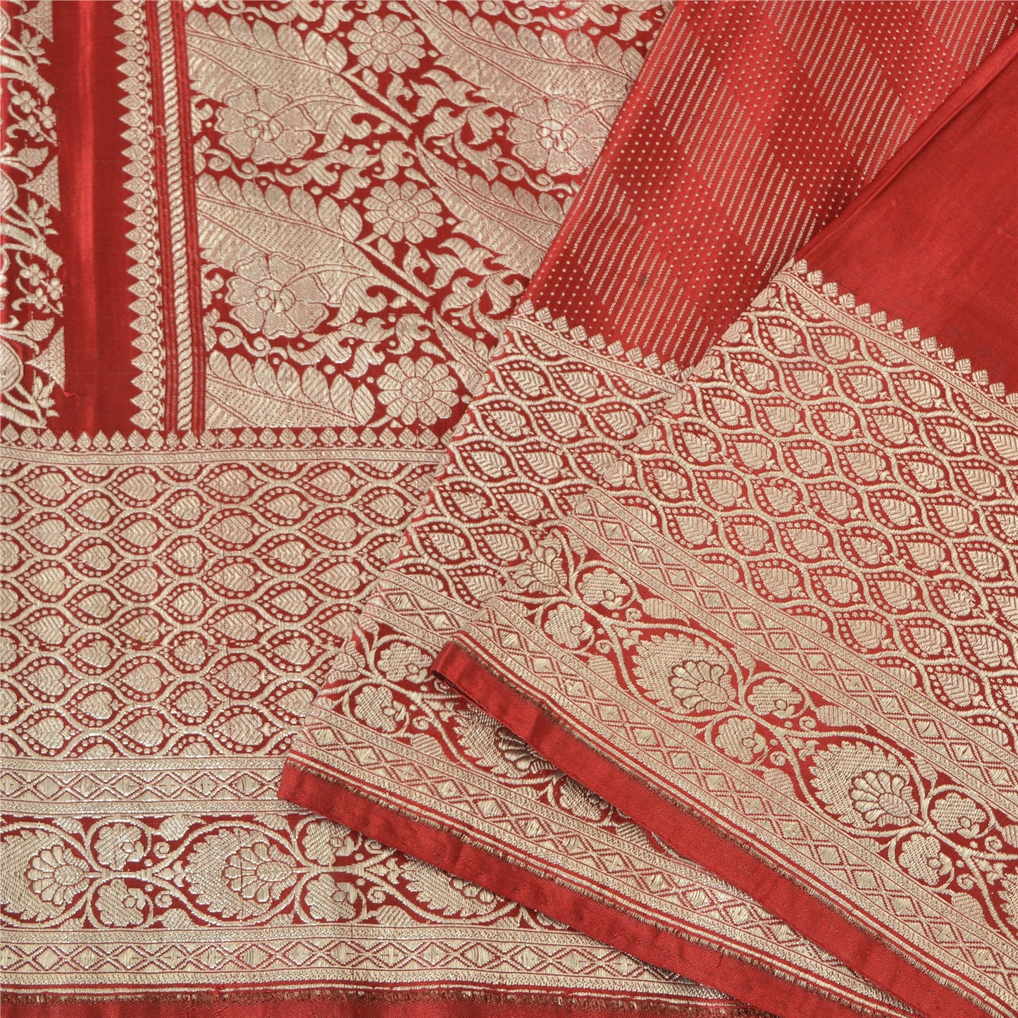 Sanskriti Vintage Sarees Red Brocade/Banarasi Zari Woven Pure Silk Sari Fabric