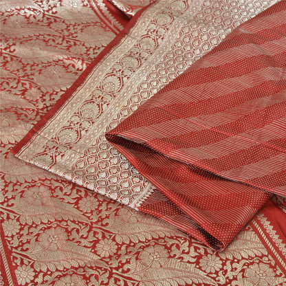 Sanskriti Vintage Sarees Red Brocade/Banarasi Zari Woven Pure Silk Sari Fabric