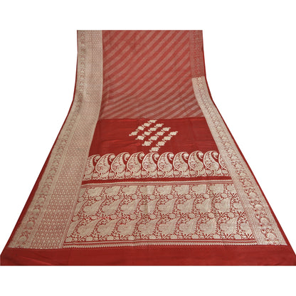 Sanskriti Vintage Sarees Red Brocade/Banarasi Zari Woven Pure Silk Sari Fabric