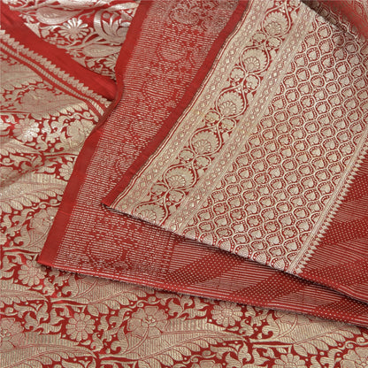 Sanskriti Vintage Sarees Red Brocade/Banarasi Zari Woven Pure Silk Sari Fabric