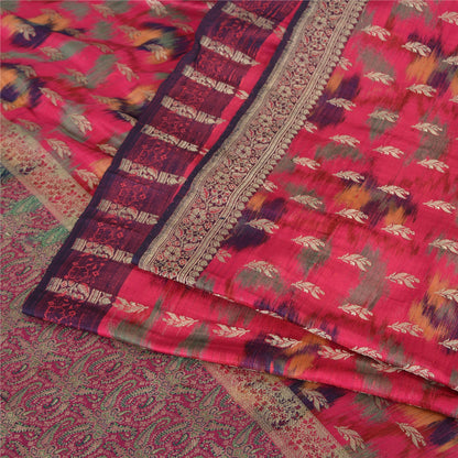 Sanskriti Vintage Pink Sarees Pure Silk Hand Woven Ikat/Brocade Sari 5yrd Fabric