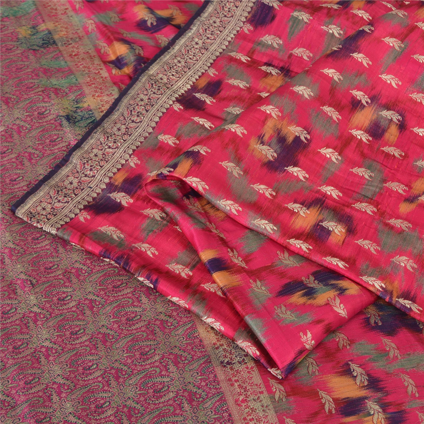 Sanskriti Vintage Pink Sarees Pure Silk Hand Woven Ikat/Brocade Sari 5yrd Fabric