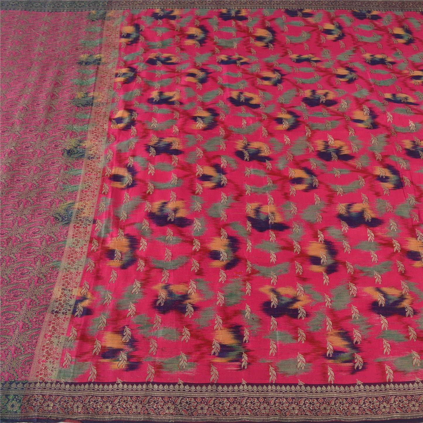 Sanskriti Vintage Pink Sarees Pure Silk Hand Woven Ikat/Brocade Sari 5yrd Fabric