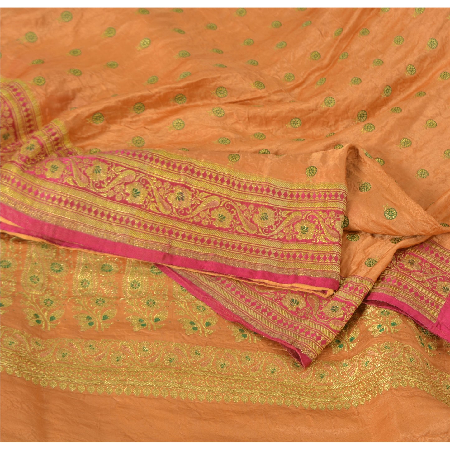 Sanskriti Vintage Mustard Sarees Pure Silk Hand Woven Brocade Sari Craft Fabric