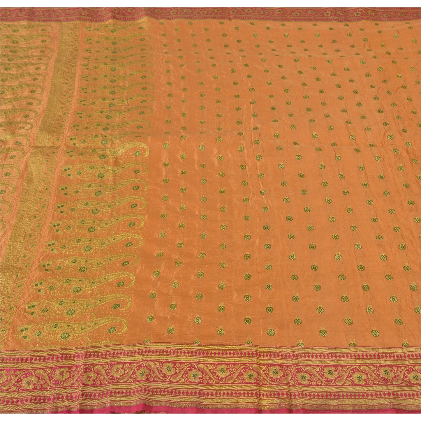 Sanskriti Vintage Mustard Sarees Pure Silk Hand Woven Brocade Sari Craft Fabric