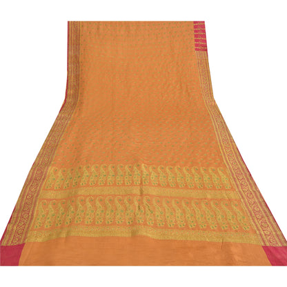 Sanskriti Vintage Mustard Sarees Pure Silk Hand Woven Brocade Sari Craft Fabric