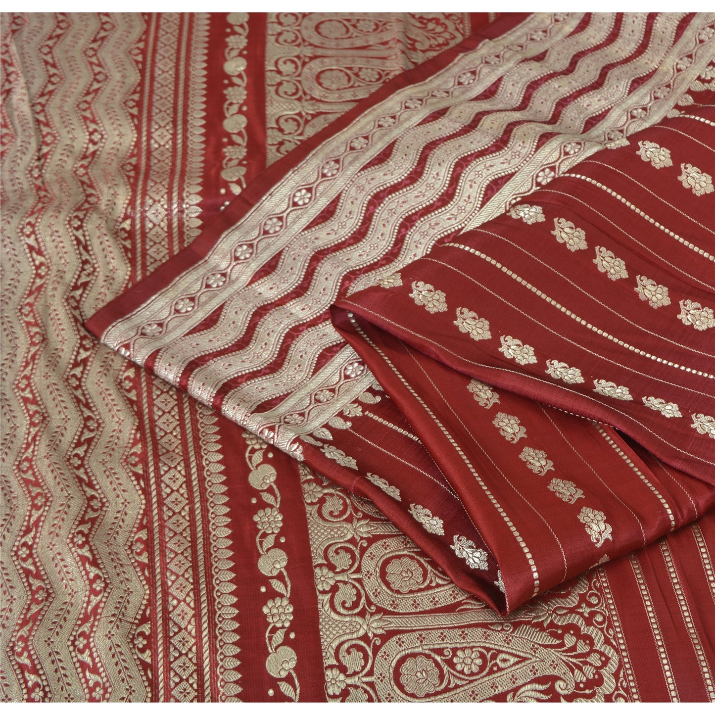 Sanskriti Vintage Red Sarees Pure Silk Brocade/Banarasi Woven Sari Craft Fabric