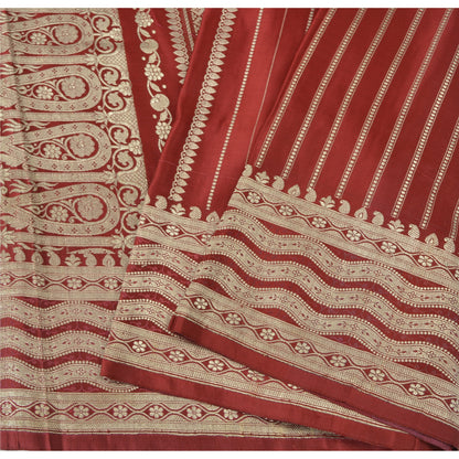 Sanskriti Vintage Red Sarees Pure Silk Brocade/Banarasi Woven Sari Craft Fabric