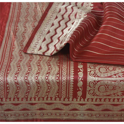 Sanskriti Vintage Red Sarees Pure Silk Brocade/Banarasi Woven Sari Craft Fabric