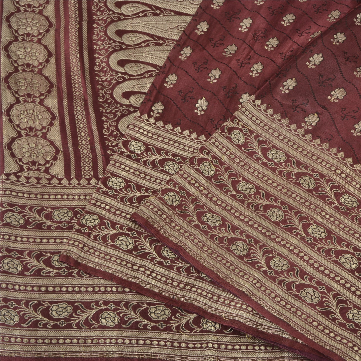 Sanskriti Vintage Burgundy Sarees Pure Silk Brocade Hand Woven Sari Craft Fabric