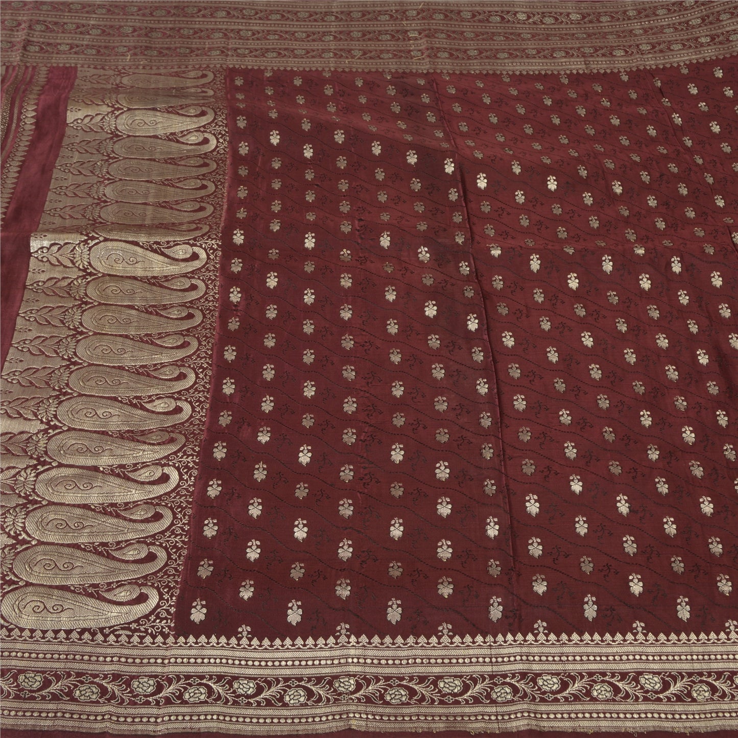 Sanskriti Vintage Burgundy Sarees Pure Silk Brocade Hand Woven Sari Craft Fabric