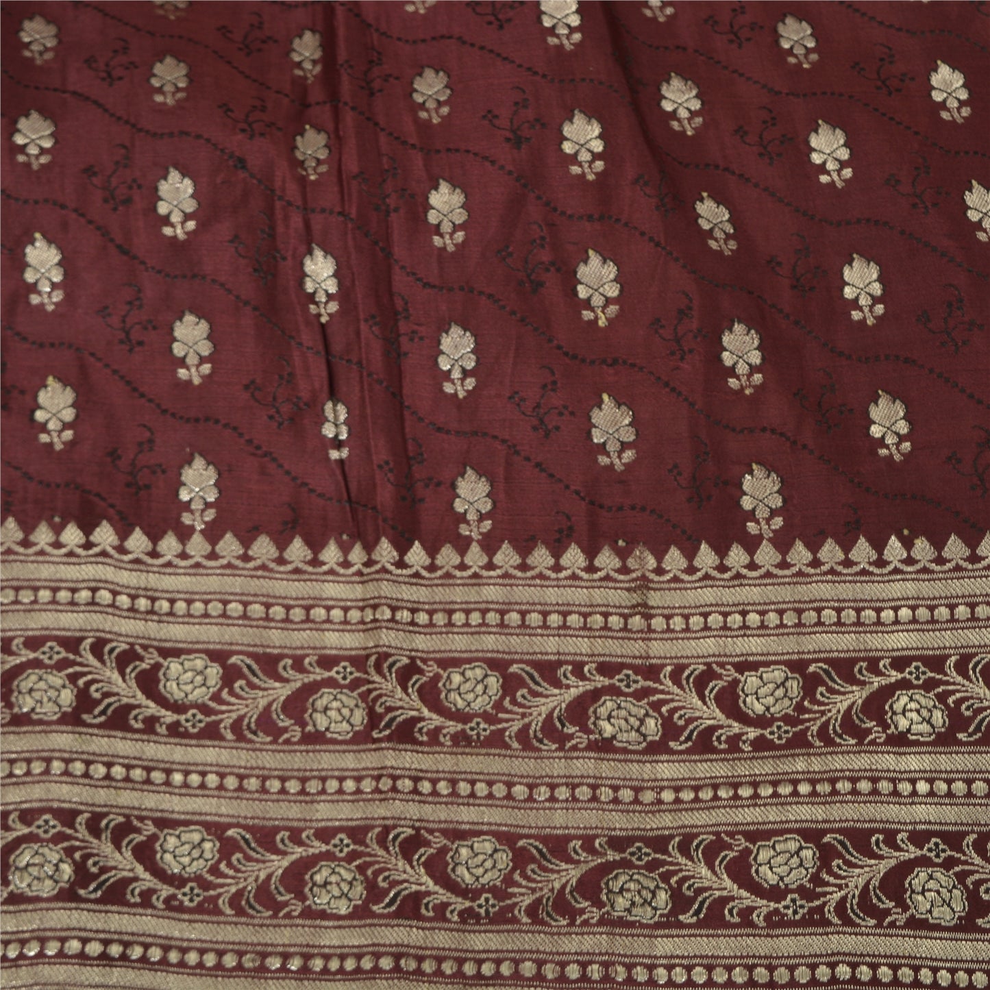 Sanskriti Vintage Burgundy Sarees Pure Silk Brocade Hand Woven Sari Craft Fabric