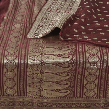 Sanskriti Vintage Burgundy Sarees Pure Silk Brocade Hand Woven Sari Craft Fabric