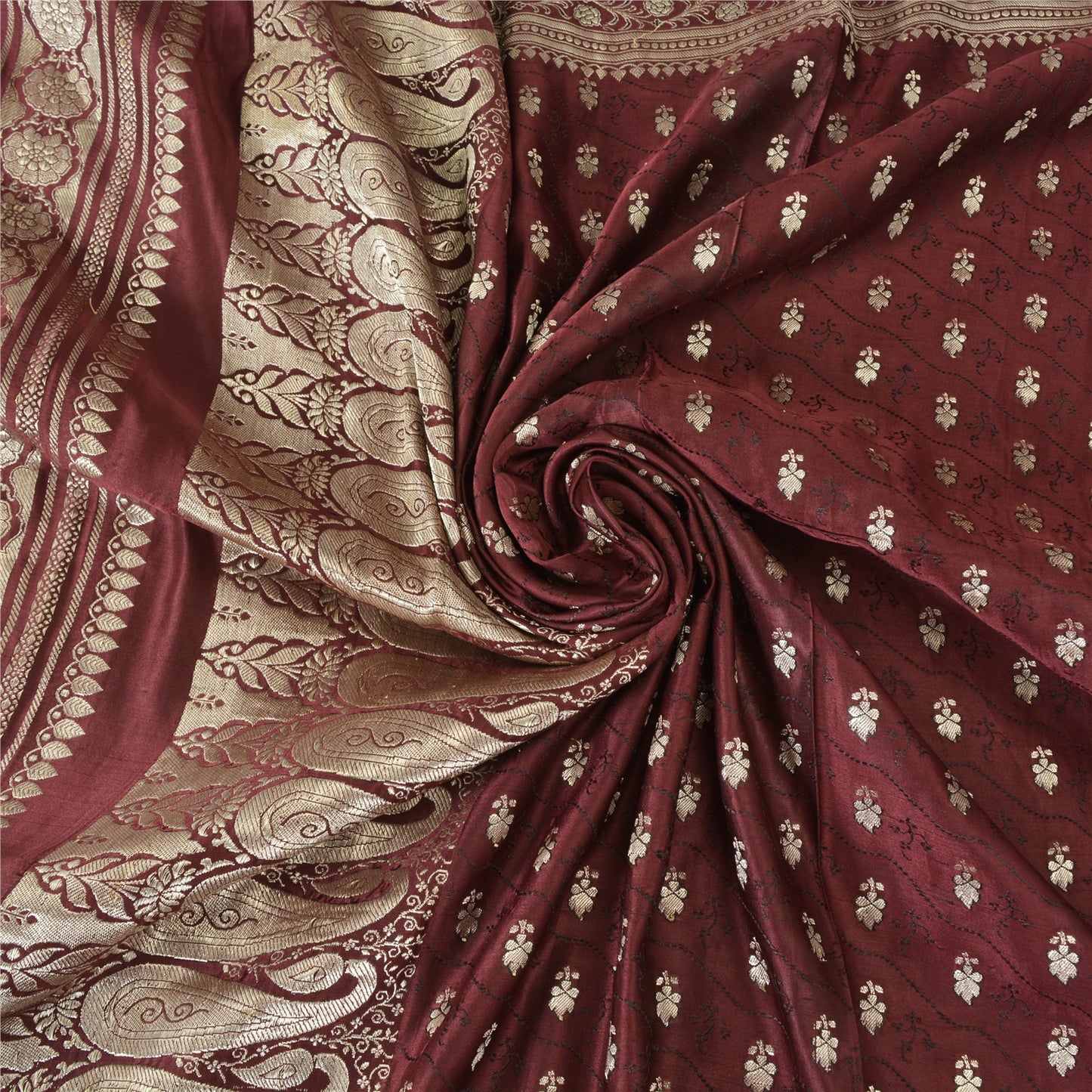 Sanskriti Vintage Burgundy Sarees Pure Silk Brocade Hand Woven Sari Craft Fabric