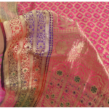 Sanskriti Vintage Pink Sarees Pure Silk Hand Woven Brocade/Banarasi Sari/Fabric