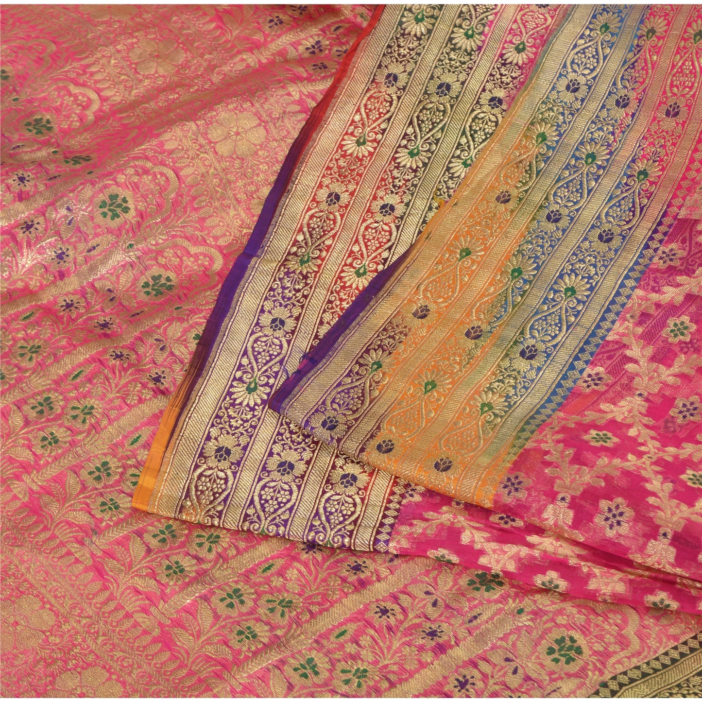 Sanskriti Vintage Pink Sarees Pure Silk Hand Woven Brocade/Banarasi Sari/Fabric